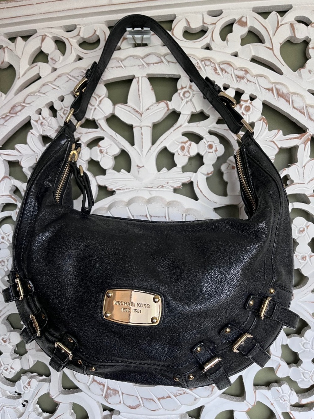 Vintage Michael Kors Black Leather 90's Y2k Buckled Hobo Shoulder Bag
